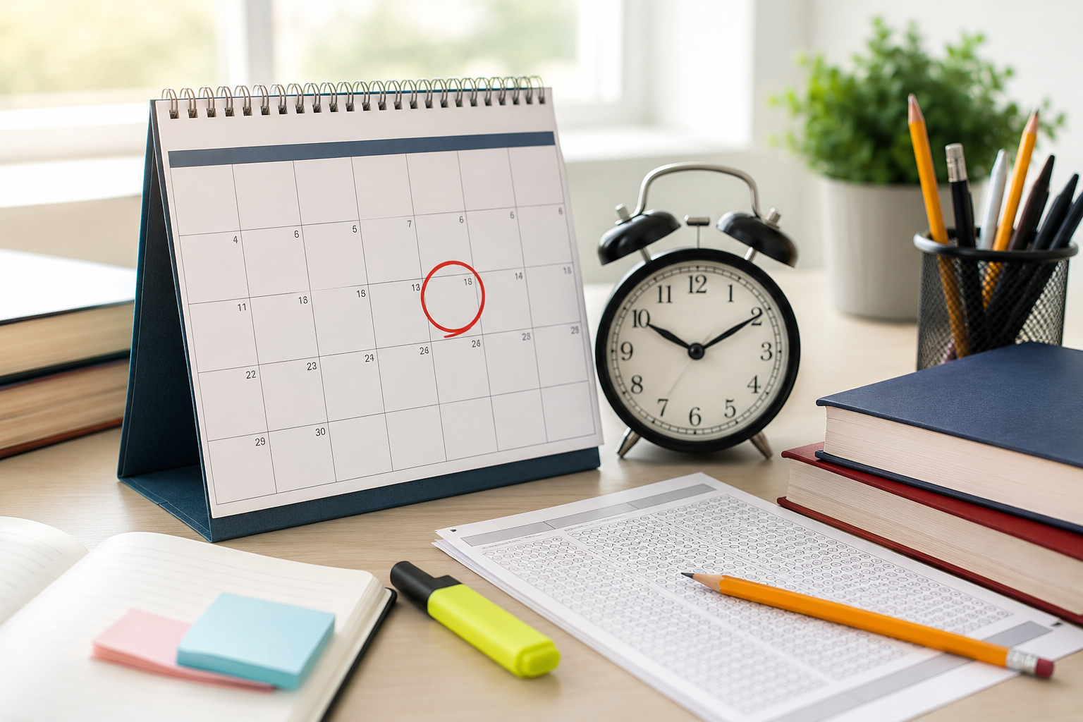 Desk calendar and ACT answer sheet representing the June 2026 ACT test date